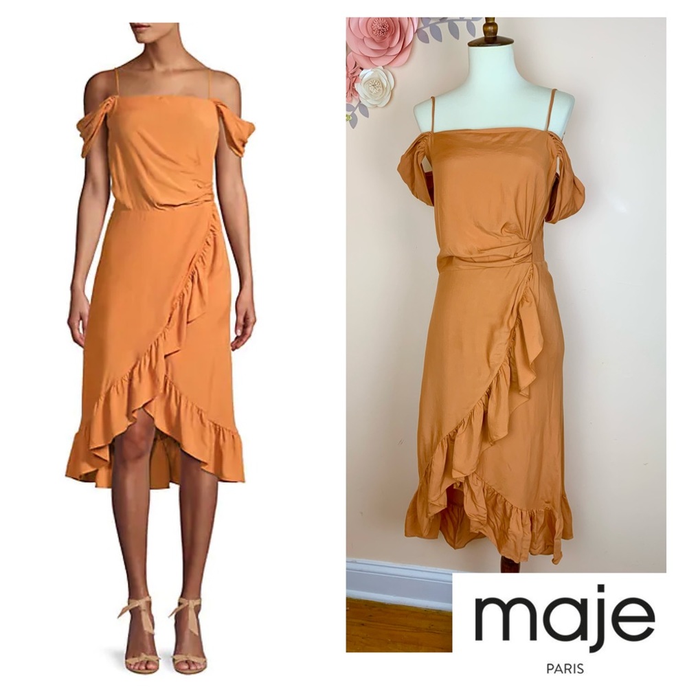New! MAJE Paris Ruffle Off The Shoulder Midi Dress - Picture 2 of 9